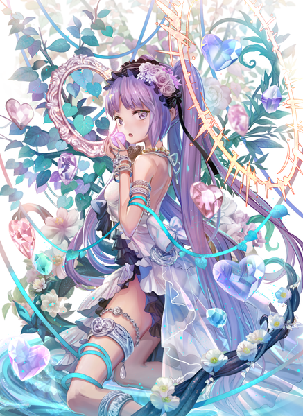 Anime picture 800x1096 with fate (series) fate/grand order fate/hollow ataraxia euryale (fate) torino aqua single looking at viewer blush fringe open mouth smile standing purple eyes twintails bare shoulders holding payot purple hair very long hair :o