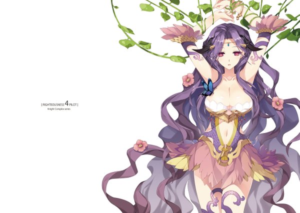 Anime picture 1275x906 with ragnarok online isizuaki looking at viewer fringe breasts light erotic simple background large breasts white background purple eyes bare shoulders purple hair very long hair navel flower (flowers) plant (plants) insect butterfly jewelry