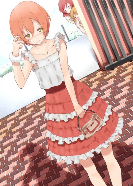 Anime picture 777x1087 with love live! school idol project sunrise (studio) love live! nishikino maki hoshizora rin koizumi hanayo asterism tall image looking at viewer short hair blonde hair red eyes multiple girls yellow eyes red hair orange hair shadow embarrassed = = girl