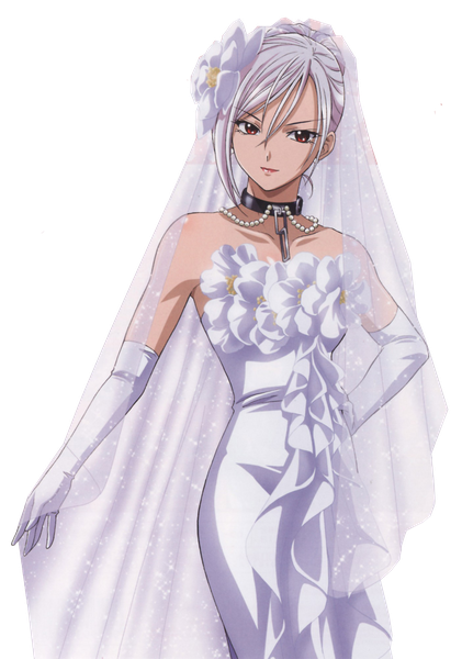 Anime picture 1405x2000 with rosario+vampire akashiya moka inner moka single tall image looking at viewer fringe breasts simple background hair between eyes red eyes standing white background bare shoulders head tilt hair flower light smile official art sleeveless hand on hip