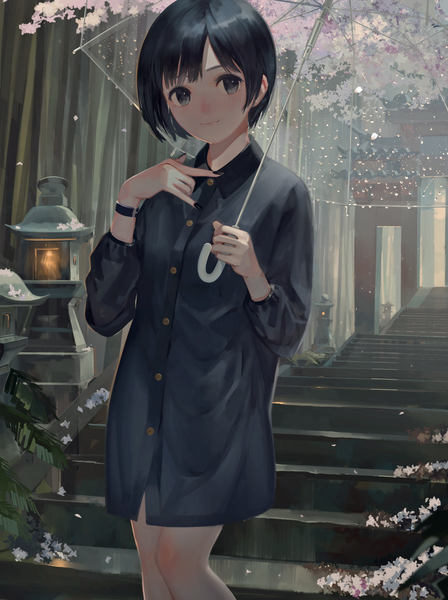 Anime picture 1496x2000 with original aspara single tall image looking at viewer short hair black hair smile holding nail polish black eyes cherry blossoms walking transparent umbrella bamboo forest girl flower (flowers) plant (plants) shirt tree (trees)