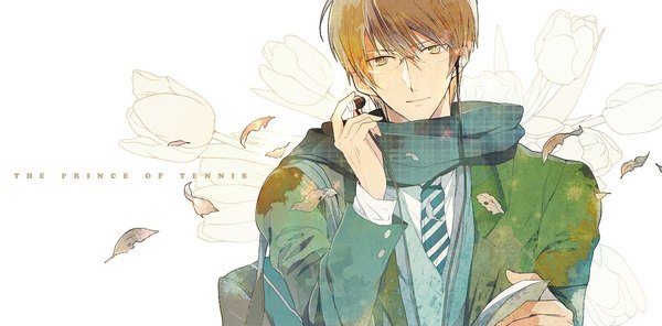 Anime picture 1182x585 with prince of tennis yagyuu hiroshi nic (kevin) single looking at viewer fringe short hair brown hair wide image white background brown eyes wind copyright name floral background hand on headphones boy uniform flower (flowers) school uniform glasses