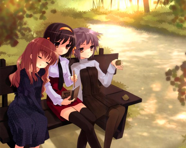 Anime picture 1280x1024 with suzumiya haruhi no yuutsu kyoto animation suzumiya haruhi nagato yuki asahina mikuru itou noiji long hair short hair black hair brown hair multiple girls eyes closed orange hair official art orange eyes girl thighhighs hairband 3 girls bench