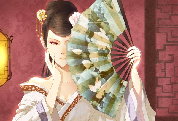 Anime picture 1830x1250 with original mconch single long hair looking at viewer highres brown hair bare shoulders yellow eyes traditional clothes japanese clothes hair flower light smile hand on cheek girl hair ornament flower (flowers) kimono fan lantern