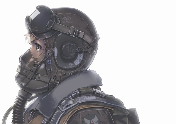 Anime picture 1414x1000 with original siqi (miharuu) single blue eyes simple background blonde hair white background looking away upper body profile close-up goggles on head girl uniform military uniform goggles respirator
