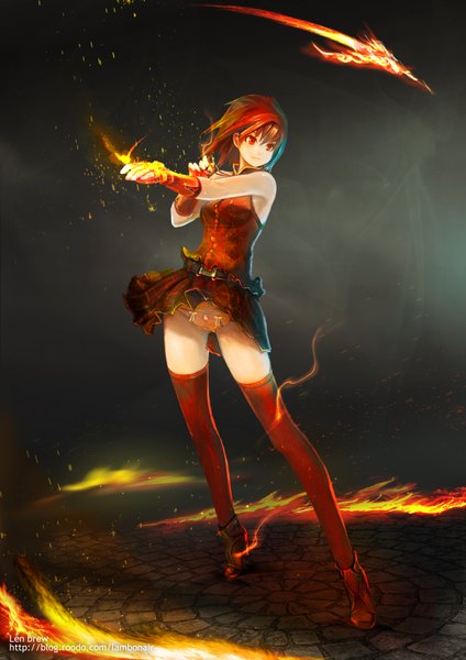 Anime picture 2480x3508 with original len brew tall image fringe highres short hair light erotic red eyes brown hair standing bare shoulders looking away red hair pleated skirt multicolored hair two-tone hair dark background girl thighhighs skirt