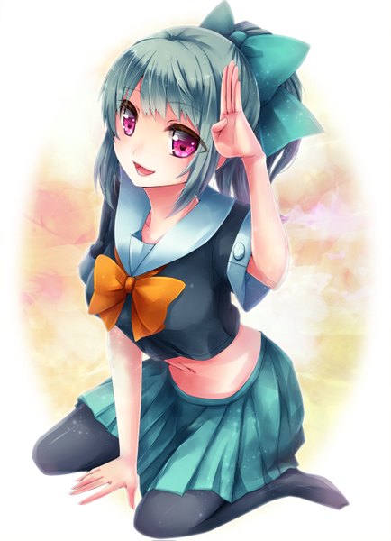 Anime picture 1000x1383 with kantai collection yuubari light cruiser yuubari (kantai collection) sakura ran single tall image looking at viewer fringe open mouth smile sitting blue hair ponytail pleated skirt pink eyes bare belly kneeling salute girl skirt