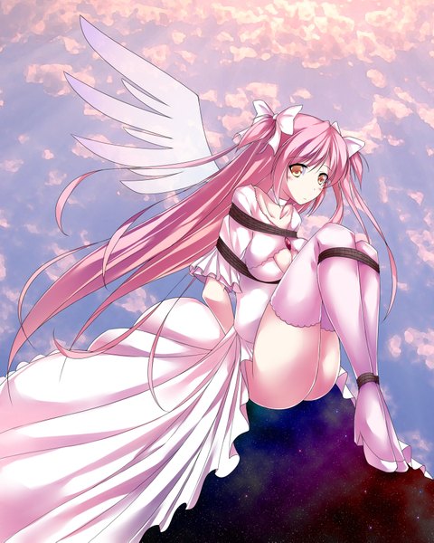 Anime picture 1500x1875 with mahou shoujo madoka magica shaft (studio) kaname madoka goddess madoka maullarmaullar single long hair tall image blush light erotic yellow eyes pink hair two side up bondage girl thighhighs dress wings