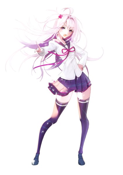 Anime picture 701x997 with original lloule single long hair tall image fringe open mouth simple background standing white background white hair pleated skirt pink eyes hair flower wind sunlight outstretched arm pointing girl thighhighs