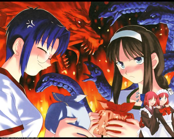 Anime picture 1280x1024 with shingetsutan tsukihime type-moon toono akiha kohaku (tsukihime) hisui (tsukihime) ciel (tsukihime) ? fire