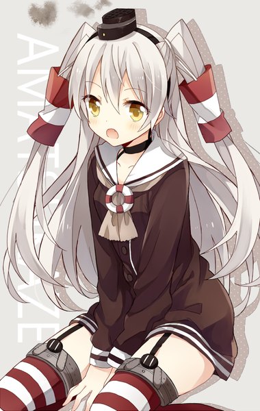Anime picture 600x947 with kantai collection amatsukaze destroyer yimu single long hair tall image blush fringe open mouth simple background hair between eyes sitting yellow eyes looking away silver hair grey background :o two side up zettai ryouiki character names