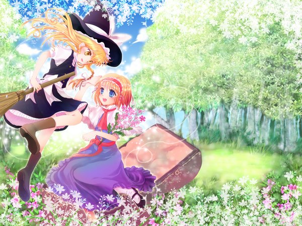 Anime picture 1803x1355 with touhou kirisame marisa alice margatroid tagme (artist) highres blue eyes blonde hair smile yellow eyes braid (braids) witch girl flower (flowers) plant (plants) tree (trees) hairband witch hat forest broom