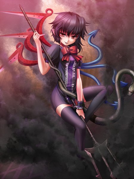 Anime picture 900x1200 with touhou houjuu nue kei kei single tall image looking at viewer short hair black hair smile red eyes girl thighhighs dress black thighhighs wings snake trident