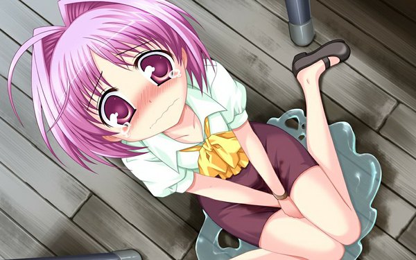 Anime picture 1024x640 with doinaka channel 5 sasano kimiko single looking at viewer blush short hair wide image sitting pink hair game cg ahoge pink eyes from above short sleeves loli embarrassed wariza wavy mouth peeing girl