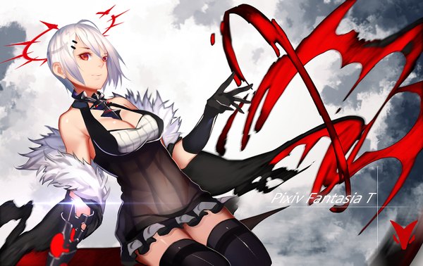 Anime picture 1500x945 with original pixiv fantasia pixiv fantasia t xiaoshou xiansheng single looking at viewer fringe short hair breasts light erotic red eyes standing bare shoulders white hair magic mechanical girl thighhighs dress gloves