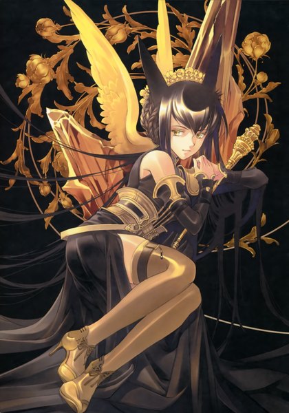 Anime picture 2544x3636 with original you shiina (artist) single long hair tall image highres black hair bare shoulders animal ears yellow eyes scan dark background angel wings angel girl thighhighs dress flower (flowers) detached sleeves wings