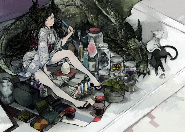 Anime picture 1200x856 with original nekosuke (jet) single long hair fringe black hair sitting traditional clothes japanese clothes grey eyes pale skin girl plant (plants) animal food sweets kimono book (books) cat ice cream