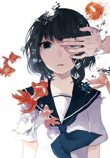 Anime picture 1091x1560 with original danjou sora tall image short hair blue eyes black hair looking away upper body parted lips solo focus underwater hand on face surprised girl uniform bow animal water serafuku water drop