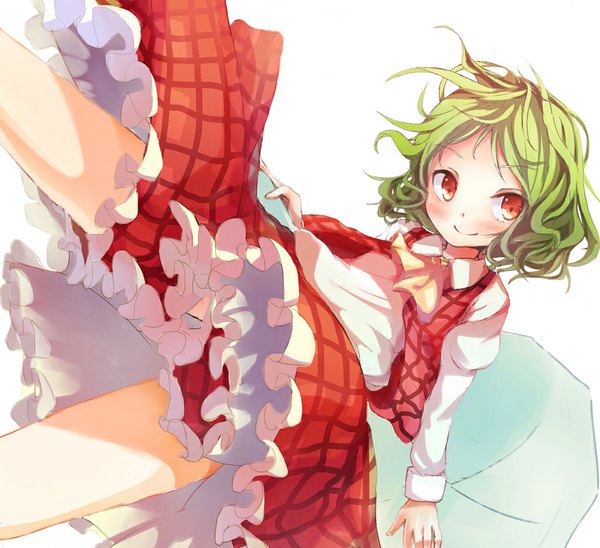 Anime picture 1024x936 with touhou kazami yuuka flan (harry mackenzie) single looking at viewer blush short hair simple background smile red eyes white background pleated skirt green hair plaid girl skirt skirt set red skirt ascot