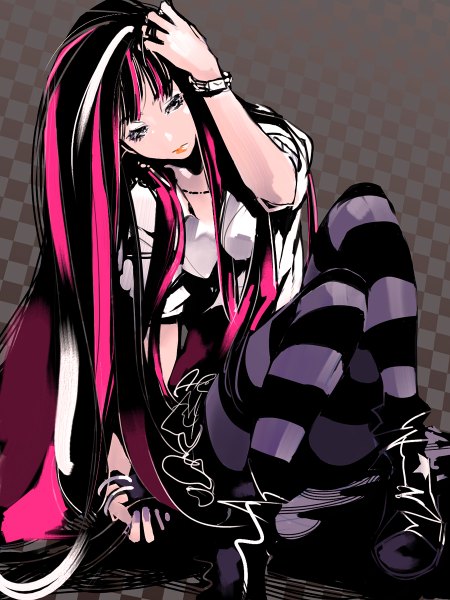 Anime picture 900x1200 with panty & stocking with garterbelt anarchy stocking pomodorosa tall image looking at viewer sitting very long hair multicolored hair streaked hair hand on head makeup emo girl dress socks shoes boots clock pocket watch