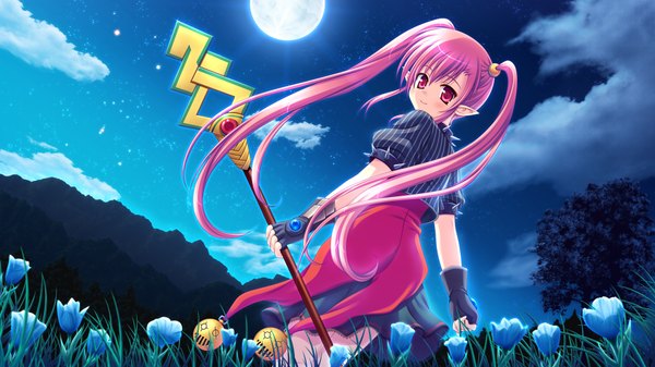 Anime picture 1920x1080 with miu (c blue) long hair highres wide image twintails pink hair pink eyes looking back pointy ears from behind night mountain girl flower (flowers) moon full moon staff