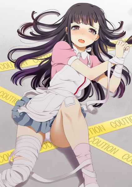 Anime picture 826x1169 with dangan ronpa super dangan ronpa 2 tsumiki mikan mattaku mousuke single long hair tall image looking at viewer blush fringe open mouth light erotic black hair lying short sleeves on back grey eyes pantyshot embarrassed bound hands