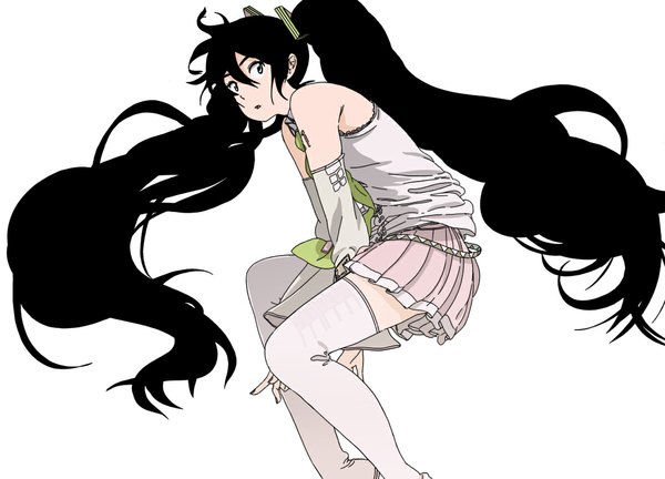 Anime picture 1110x800 with vocaloid hatsune miku uki atsuya single long hair open mouth black hair simple background white background twintails bare shoulders pleated skirt girl thighhighs detached sleeves white thighhighs
