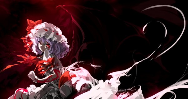 Anime picture 2613x1377 with touhou remilia scarlet mivit single looking at viewer fringe highres short hair smile red eyes wide image signed purple hair teeth short sleeves fang (fangs) torn clothes dark background bat wings bleeding