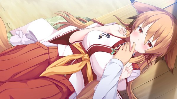 Anime picture 1280x720 with tenkiame kon (tenkiame) haik long hair looking at viewer blush light erotic brown hair wide image brown eyes animal ears game cg tail lying traditional clothes japanese clothes animal tail pleated skirt embarrassed fox ears