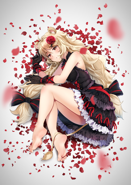 Anime picture 1488x2105 with show by rock!! studio bones aireen (show by rock!!) casino (casinoep) single long hair tall image looking at viewer blush fringe open mouth light erotic blonde hair simple background hair between eyes red eyes twintails bare shoulders animal ears full body