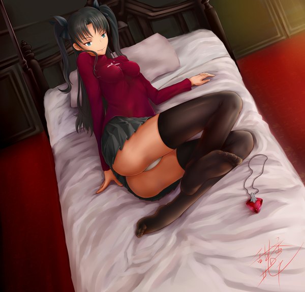 Anime picture 1831x1754 with fate (series) fate/stay night type-moon toosaka rin tianmi siwang single long hair highres blue eyes light erotic black hair twintails pantyshot legs girl thighhighs skirt underwear panties black thighhighs