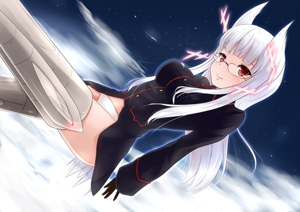 Anime picture 1973x1397 with strike witches heidimarie w schnaufer mitsukii single long hair highres light erotic red eyes animal ears white hair flying girl uniform underwear panties glasses military uniform