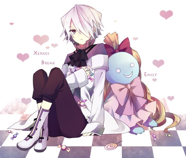 Anime picture 1609x1369 with pandora hearts xebec xerxes break emily (pandora hearts) fringe short hair simple background red eyes sitting signed long sleeves hair over one eye inscription checkered floor boy heart candy doll (dolls)