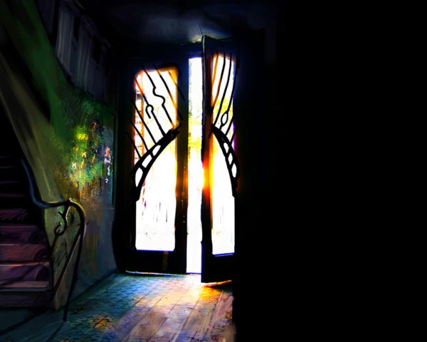 Anime picture 1280x1024 with turgor (game) light no people street stairs door