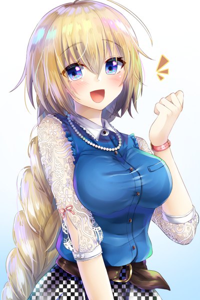 Anime picture 600x900 with fate (series) fate/apocrypha jeanne d'arc (fate) (all) jeanne d'arc (fate) gakuon (gakuto) single long hair tall image looking at viewer blush fringe breasts open mouth blue eyes blonde hair simple background smile hair between eyes white background ahoge