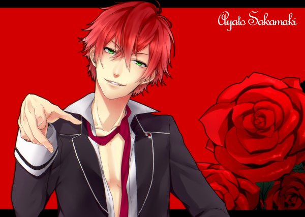 Anime picture 1200x855 with diabolik lovers idea factory sakamaki ayato kuwa ayase single fringe short hair simple background smile hair between eyes green eyes upper body red hair head tilt open shirt character names letterboxed red background pointing at viewer boy