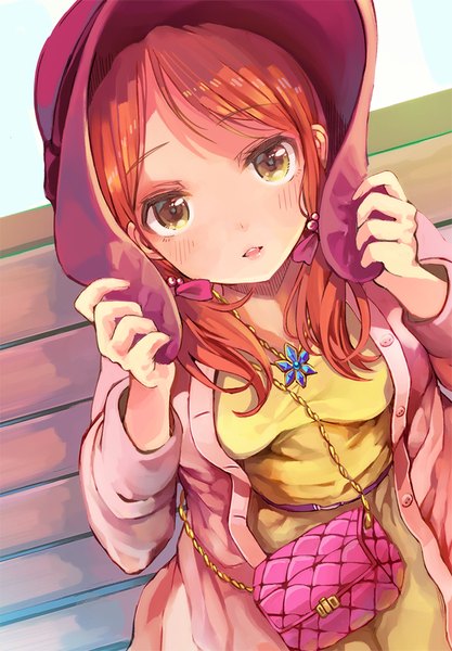 Anime picture 685x985 with idolmaster idolmaster cinderella girls houjou karen heri single long hair tall image looking at viewer blush fringe breasts open mouth smile sitting twintails brown eyes from above orange hair shadow low twintails