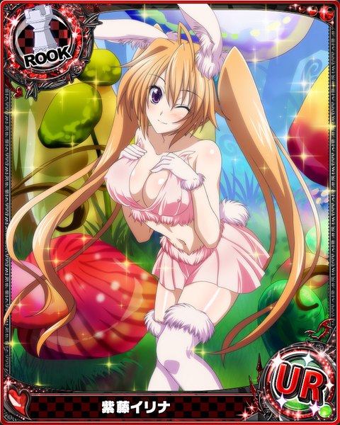 Anime picture 640x800 with highschool dxd shidou irina single tall image looking at viewer breasts light erotic smile brown hair purple eyes twintails animal ears cleavage tail very long hair animal tail one eye closed wink bunny ears card (medium)