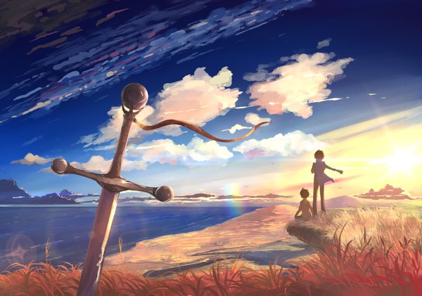 Anime picture 2995x2106 with original hangmoon highres short hair brown hair standing sitting sky cloud (clouds) from behind evening sunset scenic clothes on shoulders boy weapon plant (plants) sword water sea