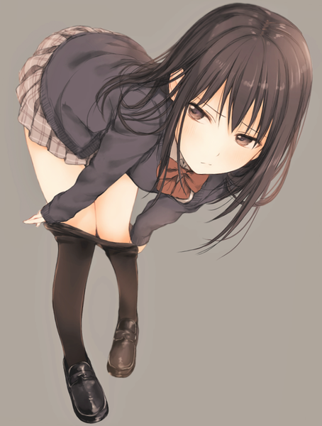 Anime picture 690x911 with original krsk single long hair tall image blush fringe light erotic black hair simple background standing brown eyes looking away pleated skirt grey background leaning embarrassed leaning forward plaid skirt undressing