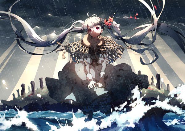 Anime picture 1500x1061 with original evemace single red eyes twintails cloud (clouds) very long hair hair flower grey hair light looking up rain girl hair ornament flower (flowers) ribbon (ribbons) water sea wave (waves) island