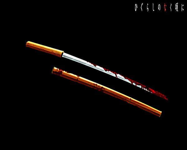 Anime picture 1280x1024 with higurashi no naku koro ni studio deen simple background copyright name hieroglyph black background no people bloody weapon weapon sword katana blood sheath