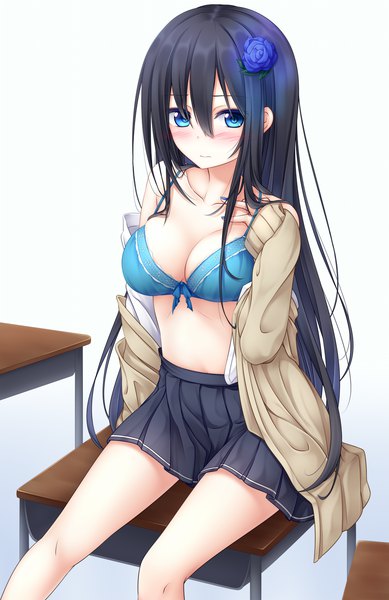 Anime picture 1000x1541 with original yoye (pastel white) single long hair tall image blush fringe breasts blue eyes light erotic black hair simple background hair between eyes large breasts sitting pleated skirt hair flower gradient background girl skirt