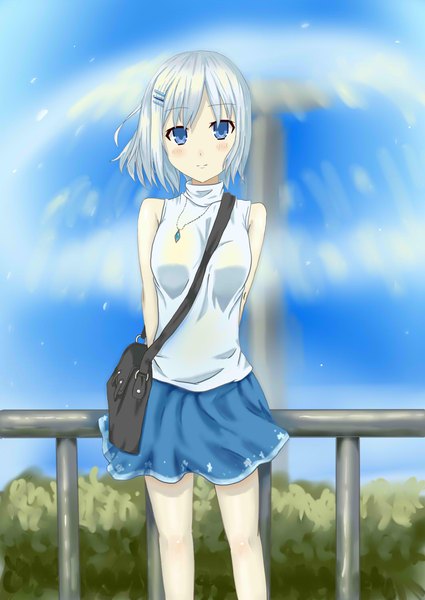 Anime picture 1488x2103 with date a live tobiichi origami goruva single tall image looking at viewer blush fringe short hair breasts blue eyes hair between eyes standing bare shoulders sky silver hair outdoors light smile blurry depth of field