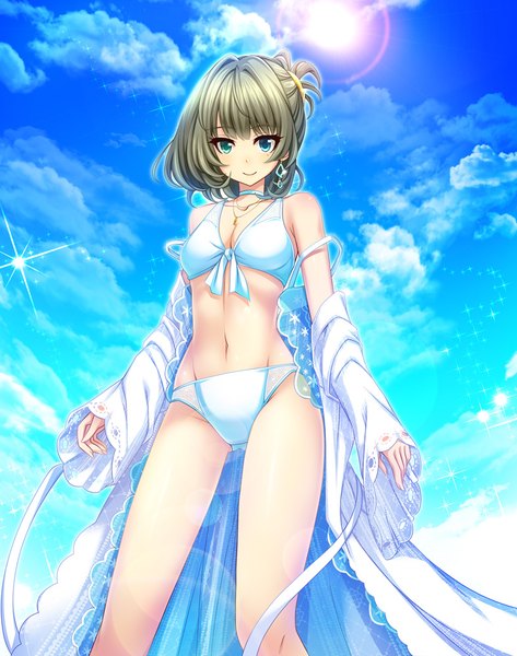 Anime picture 789x1000 with idolmaster idolmaster cinderella girls takagaki kaede ayase single tall image looking at viewer blush fringe short hair breasts blue eyes light erotic smile brown hair large breasts bare shoulders green eyes open clothes bare legs