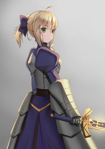 Anime picture 709x1000 with fate (series) fate/stay night type-moon artoria pendragon (all) saber you06 single tall image simple background green eyes looking away ahoge ponytail puffy sleeves gradient background girl bow ribbon (ribbons) weapon hair bow
