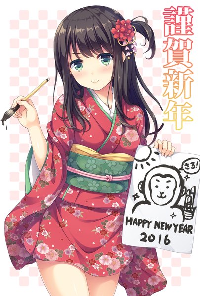Anime picture 946x1400 with original nakamura sumikage single long hair tall image looking at viewer blush blue eyes black hair smile traditional clothes japanese clothes inscription hieroglyph new year happy new year nengajou girl kimono obi
