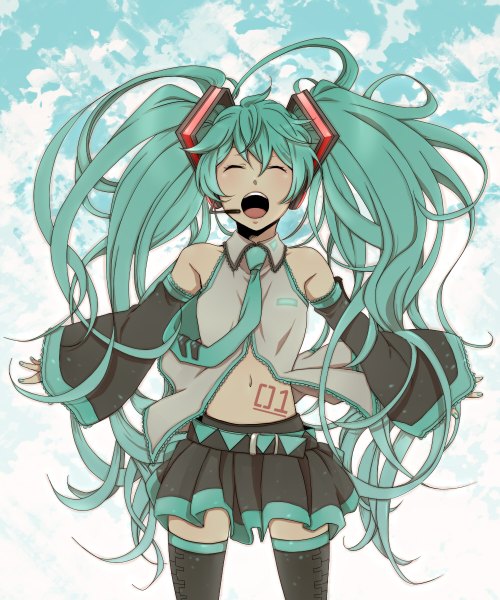 Anime picture 1000x1200 with vocaloid hatsune miku usagi (1988) single long hair tall image open mouth simple background white background twintails eyes closed aqua hair girl skirt navel detached sleeves miniskirt necktie headphones
