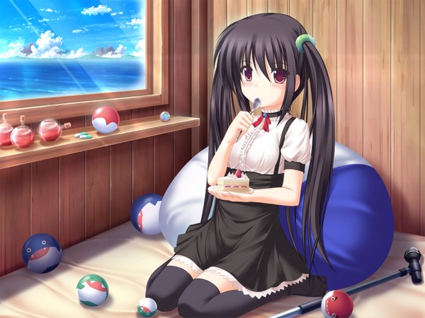 Anime picture 1600x1200 with pangya kooh kageira single long hair black hair red eyes twintails wallpaper eating girl thighhighs water window sweets microphone cake