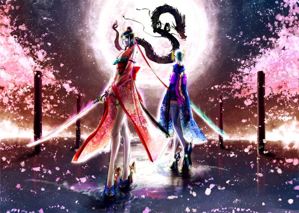 Anime picture 1269x909 with bayonetta bayonetta (character) jeanne (bayonetta) seitsuji long hair breasts black hair multiple girls blue hair high heels cherry blossoms fantasy girl thighhighs hair ornament weapon 2 girls plant (plants) detached sleeves white thighhighs
